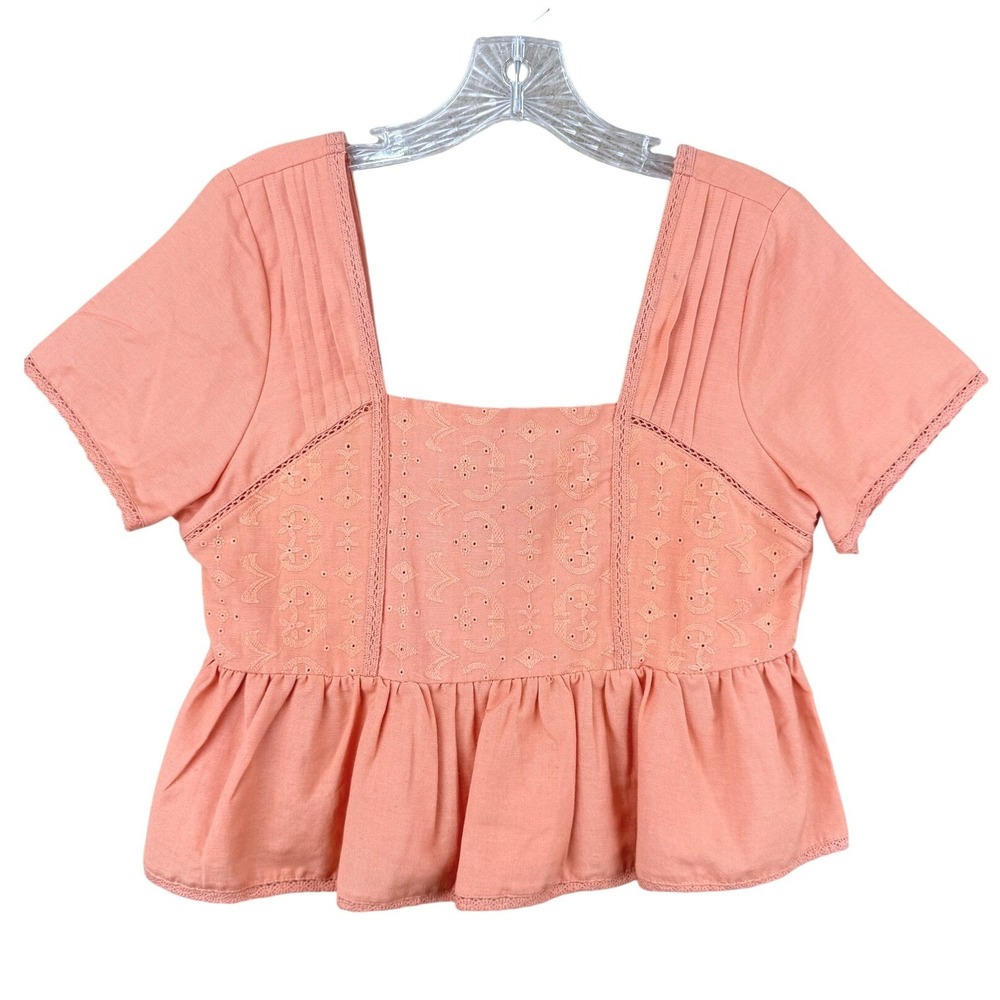 Midnight Sky Linen Blend Babydoll Top Sz M Smocked Ruffle Peplum Milkmaid Fairy - Picture 3 of 12